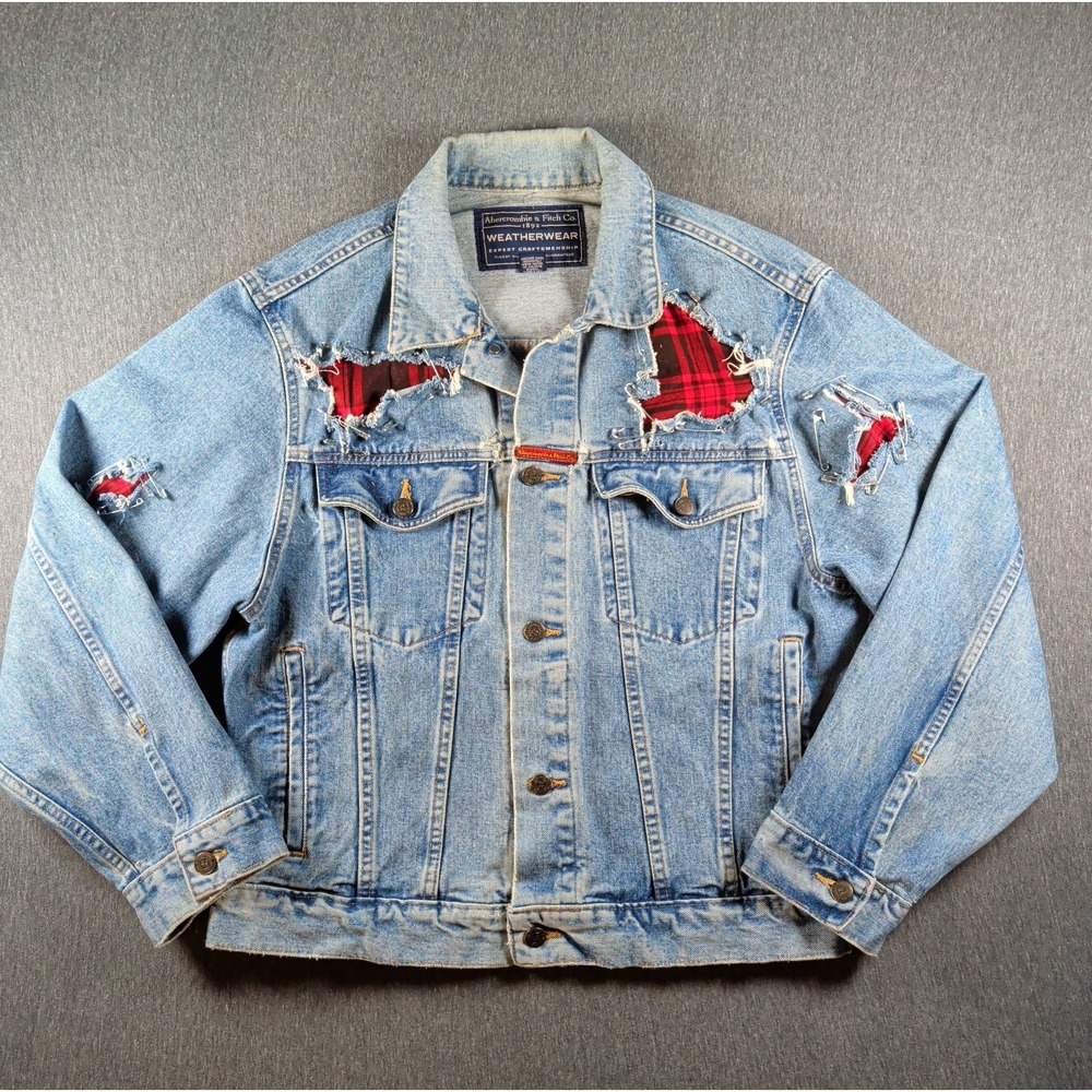 Abercrombie & Fitch Trucker Jacket Mens M Blue Good Distressed DIY Plaid 90s Y2K